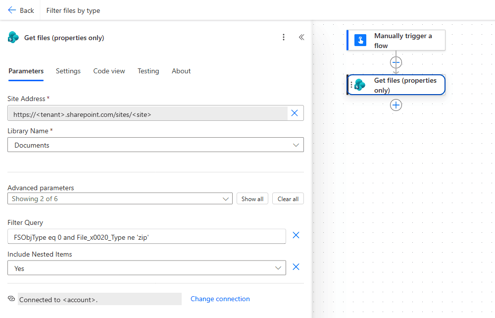 Power Automate designer: the Get files (properties only) action with a Filter Query FSObjType eq 0 and File_x0020Type ne ‘zip’ and Include Nested Items set to Yes